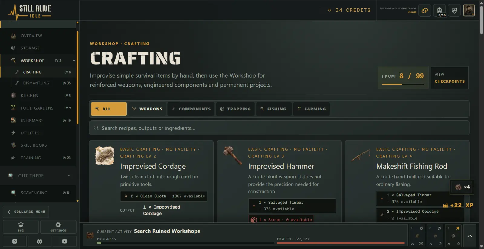 Crafting screen with improvised cordage, hammer and fishing rod recipes