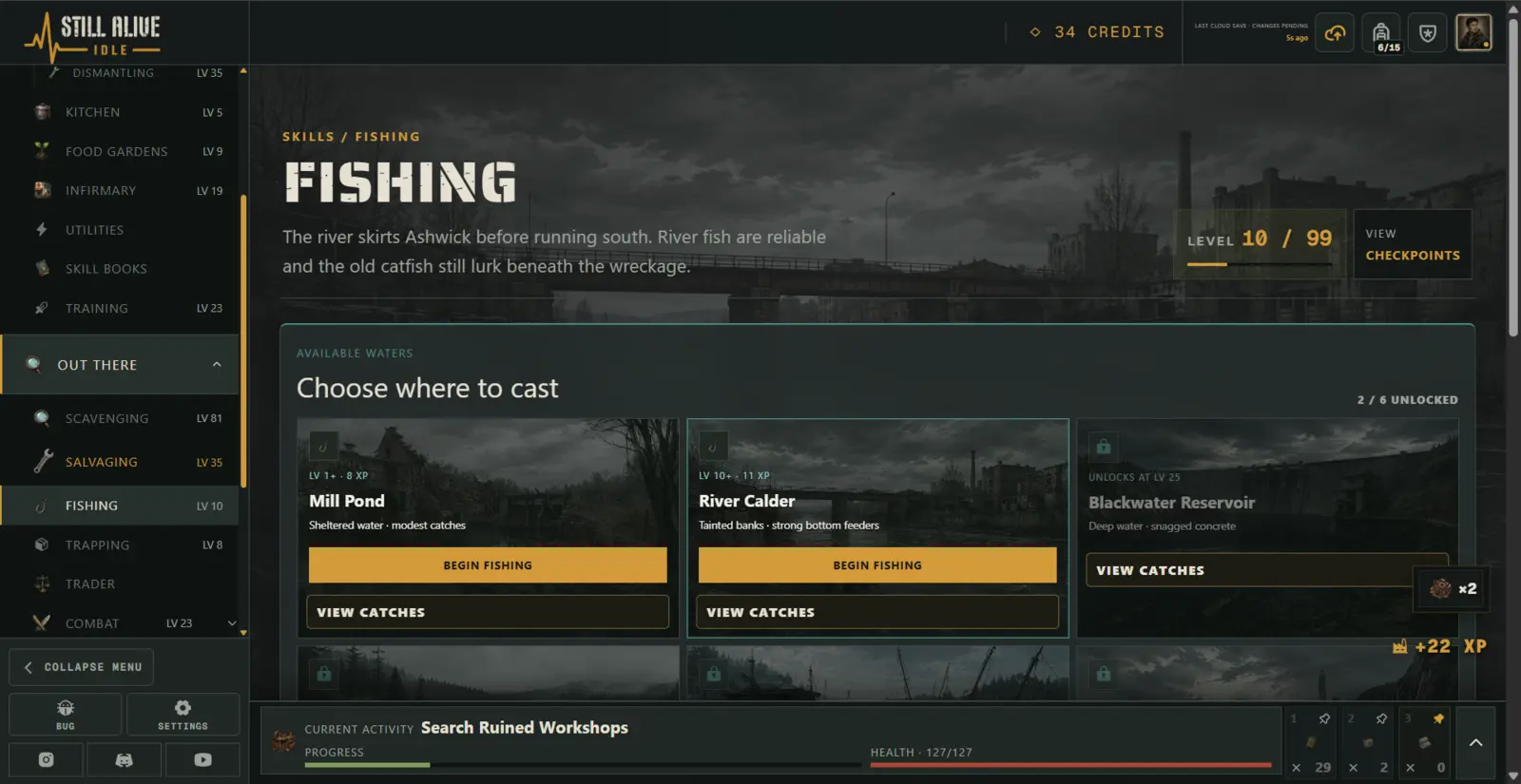 Fishing skill screen showing Mill Pond, River Calder and Blackwater Reservoir