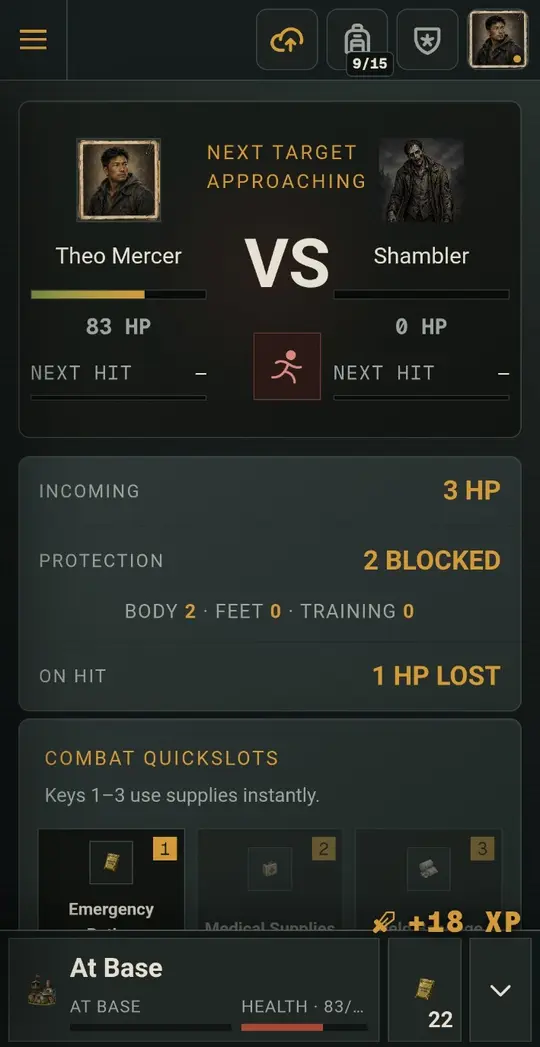 Mobile combat screen showing Theo Mercer and a Shambler