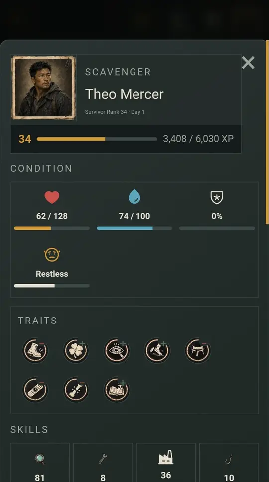Mobile Survivor Status for Theo Mercer showing rank, condition, traits and skills