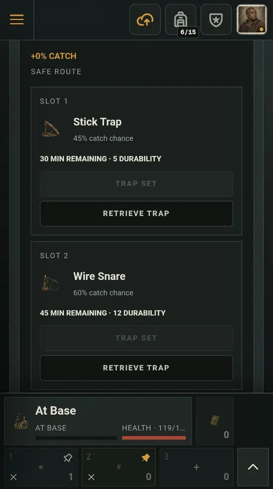 Mobile trapping screen showing deployed Stick Trap and Wire Snare