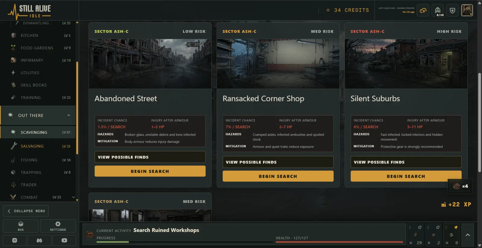 Scavenging locations including Abandoned Street, Ransacked Corner Shop and Silent Suburbs