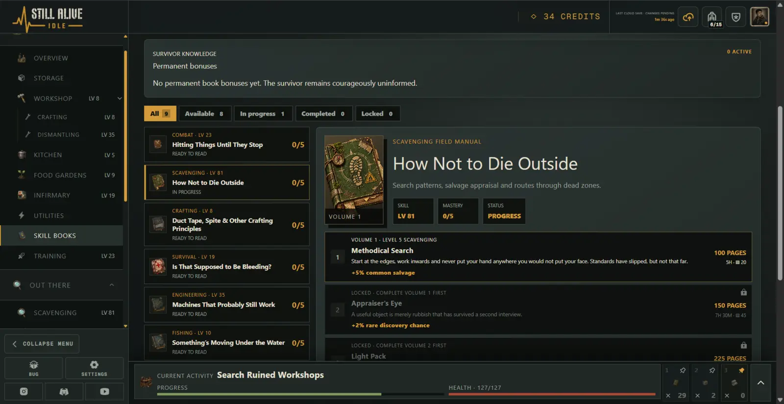 Skill Books screen with survival manuals and permanent bonuses