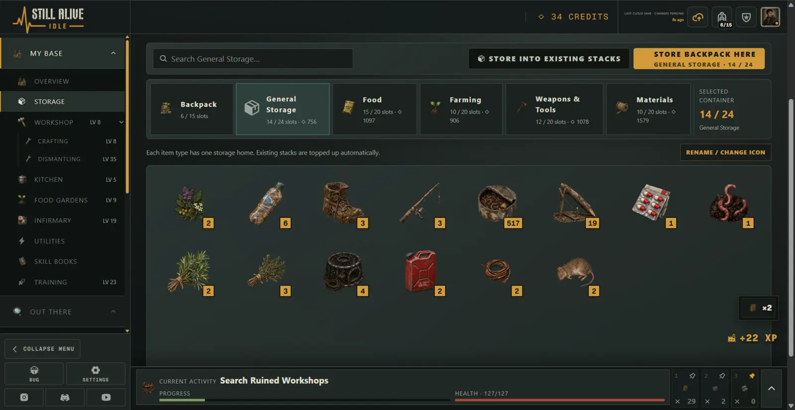 Storage screen showing recovered materials and supplies