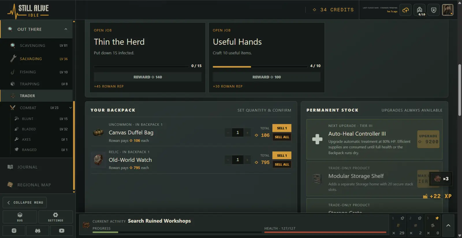 Trader screen showing backpack upgrades and permanent stock